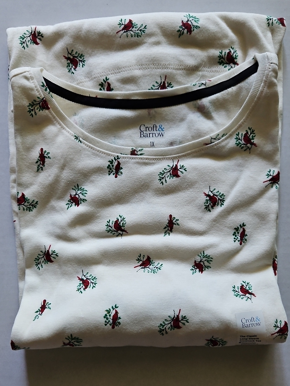 Plus Size Croft & Barrow Essential Crewneck Long Sleeve Tee, Ivory Cardinal, 1X